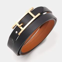 Pre Owned Hermès Black Leather Gold Plated Hapi 3  Wrap Bracelet S