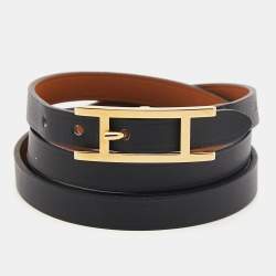 Pre Owned Hermès Black Leather Gold Plated Hapi 3  Wrap Bracelet S