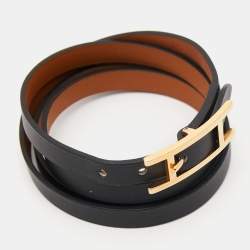 Pre Owned Hermès Black Leather Gold Plated Hapi 3  Wrap Bracelet S