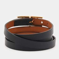 Pre Owned Hermès Black Leather Gold Plated Hapi 3  Wrap Bracelet S