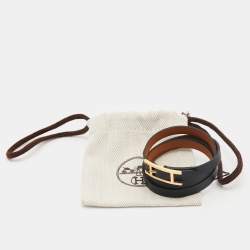 Pre Owned Hermès Black Leather Gold Plated Hapi 3  Wrap Bracelet S