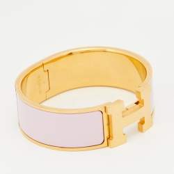 Pre Owned Hermes Clic Clac H Pink Enamel Gold Plated Wide Bracelet