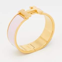 Pre Owned Hermes Clic Clac H Pink Enamel Gold Plated Wide Bracelet
