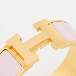 Pre Owned Hermes Clic Clac H Pink Enamel Gold Plated Wide Bracelet