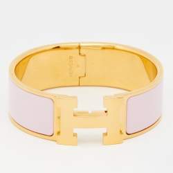 Pre Owned Hermes Clic Clac H Pink Enamel Gold Plated Wide Bracelet