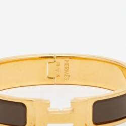 Pre Owned Hermes Clic H Brown Enamel Gold Plated Narrow Bracelet