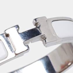 Pre Owned Hermes Clic H White Enamel Palladium Plated Narrow Bracelet