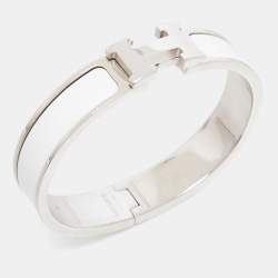 Pre Owned Hermes Clic H White Enamel Palladium Plated Narrow Bracelet