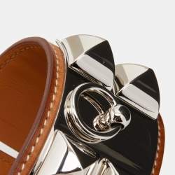 Pre Owned Hermes Collier De Chien Brown Leather Striped Palladium Plated Bracelet T2