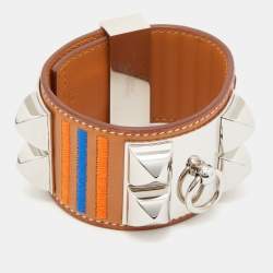 Pre Owned Hermes Collier De Chien Brown Leather Striped Palladium Plated Bracelet T2