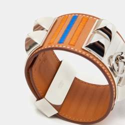 Pre Owned Hermes Collier De Chien Brown Leather Striped Palladium Plated Bracelet T2