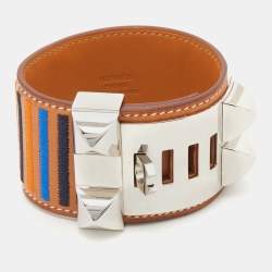 Pre Owned Hermes Collier De Chien Brown Leather Striped Palladium Plated Bracelet T2