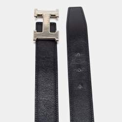 Pre Owned Hermes Noir/Etoupe Chamonix and Togo Leather H Strie Reversible Belt 90 CM