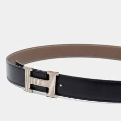 Pre Owned Hermes Noir/Etoupe Chamonix and Togo Leather H Strie Reversible Belt 90 CM
