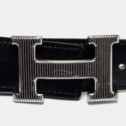 Pre Owned Hermes Noir/Etoupe Chamonix and Togo Leather H Strie Reversible Belt 90 CM