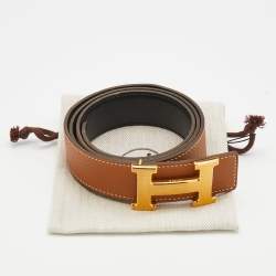 Pre Owned Hermes Gold/Black Togo/Box Leather H Buckle Belt 85CM