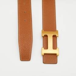 Pre Owned Hermes Gold/Black Togo/Box Leather H Buckle Belt 85CM