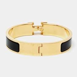 Pre Owned Hermès Clic H Black Enamel Gold Plated Narrow Bracelet