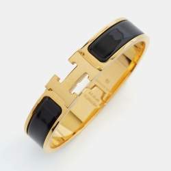 Pre Owned Hermès Clic H Black Enamel Gold Plated Narrow Bracelet
