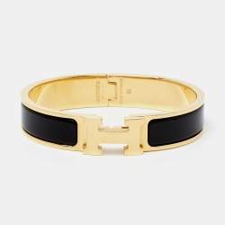 Pre Owned Hermès Clic H Black Enamel Gold Plated Narrow Bracelet