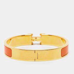 Pre Owned Hermès Clic H Orange Enamel Gold Plated Narrow Bracelet