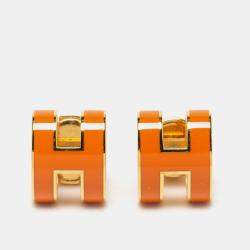 Pre Owned Hermès Orange Lacquer Gold Plated Pop H Earrings