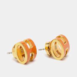 Pre Owned Hermès Orange Lacquer Gold Plated Pop H Earrings