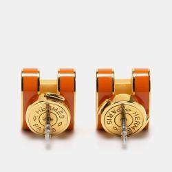 Pre Owned Hermès Orange Lacquer Gold Plated Pop H Earrings