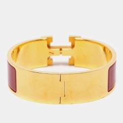 Pre Owned Hermès Clic Clac H Burgundy Enamel Gold Plated Wide Bracelet