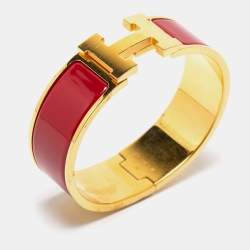 Pre Owned Hermès Clic Clac H Burgundy Enamel Gold Plated Wide Bracelet