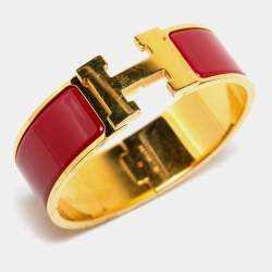 Pre Owned Hermès Clic Clac H Burgundy Enamel Gold Plated Wide Bracelet