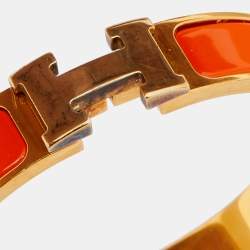Pre Owned Hermès Clic H Orange Enamel Gold Plated Narrow Bracelet