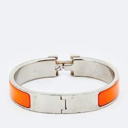 Pre Owned Hermes Clic H Orange Enamel Palladium Plated Narrow Bracelet