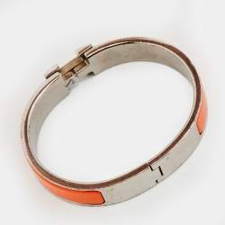 Pre Owned Hermes Clic H Orange Enamel Palladium Plated Narrow Bracelet
