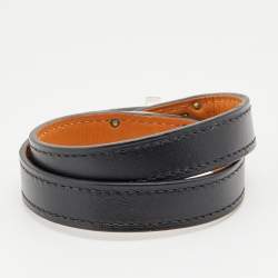 Pre Owned Hermes Black Leather Palladium Plated Kelly Double Tour Bracelet