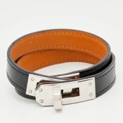 Pre Owned Hermes Black Leather Palladium Plated Kelly Double Tour Bracelet