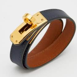 Pre Owned Hermes Kelly Navy Blue Leather Double Tour Bracelet XS
