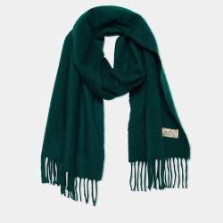 Pre Owned Hermes Green Logo Embroidered Cashmere Fringed Scarf