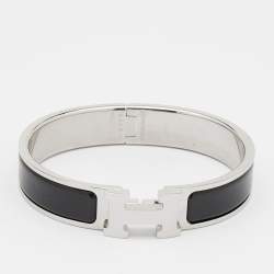 Pre Owned Hermes Black Enamel Palladium Plated Clic H Bracelet