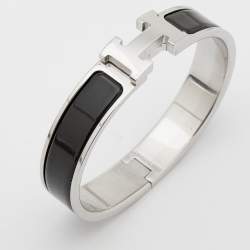 Pre Owned Hermes Black Enamel Palladium Plated Clic H Bracelet