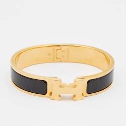 Pre Owned Hermes Clic H Black Enamel Gold Plated Narrow Bracelet