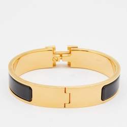 Pre Owned Hermes Clic H Black Enamel Gold Plated Narrow Bracelet