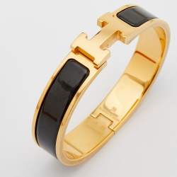 Pre Owned Hermes Clic H Black Enamel Gold Plated Narrow Bracelet