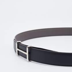 Pre Owned Hermes Black/Etain Chamonix and Togo Leather Palladium Finish Idem Belt 100 CM