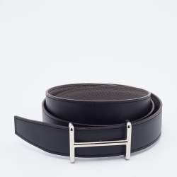 Pre Owned Hermes Black/Etain Chamonix and Togo Leather Palladium Finish Idem Belt 100 CM