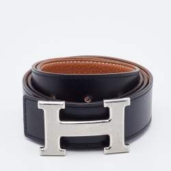 Pre Owned Hermes Black/Gold Box and Togo Leather Reversible Palladium Finish H Buckle Belt 90 CM