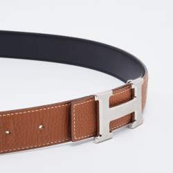 Pre Owned Hermes Black/Gold Box and Togo Leather Reversible Palladium Finish H Buckle Belt 90 CM