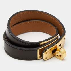 مملوكة مسبقًا Hermès Black Leather Gold Plated Kelly Double Tour Bracelet