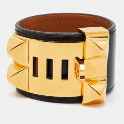 Pre Owned Hermes Collier de Chien Leather Gold Tone Bracelet XS