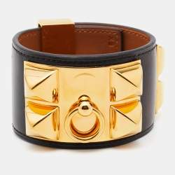 Pre Owned Hermes Collier de Chien Leather Gold Tone Bracelet XS